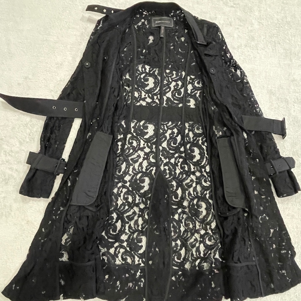 Black Lace Belted Trench Dress / Coat Size XS - Picture 8 of 14